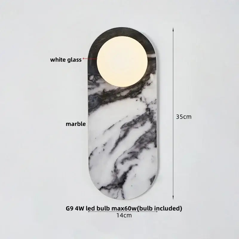 A French luxury black and white marble led wall light with a sleek oval design and circular white glass panel for bedroom decorbites led wall light