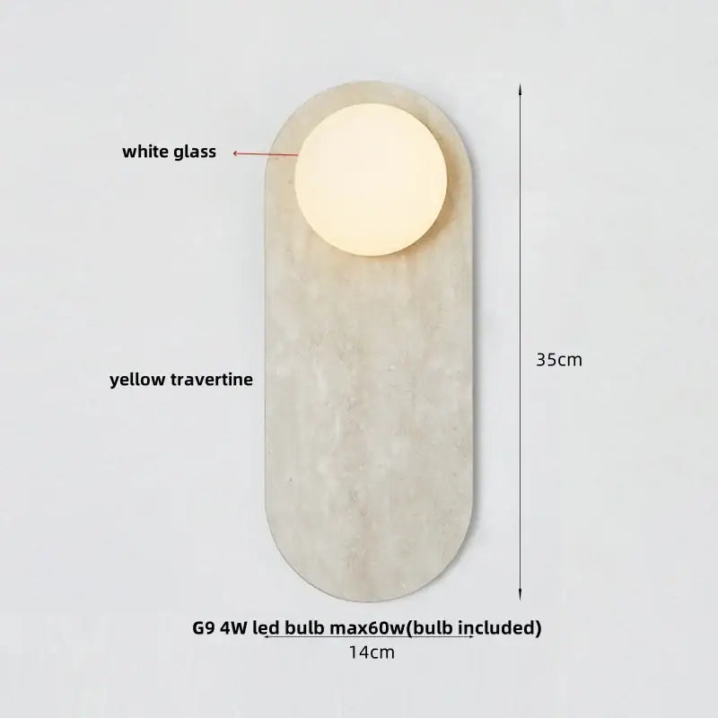 Modern wall light with white glass circular led light set in smooth yellow travertine stone base by decorbites led wall