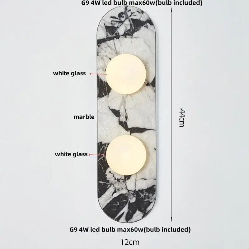 A sleek 44cm black and white marble led wall light with two circular white glass shades for bedroom decorbites led wall