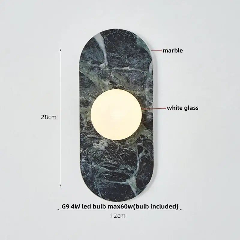 Modern oval wall light with dark green marble backplate and white glass diffuser by decorbites led wall light