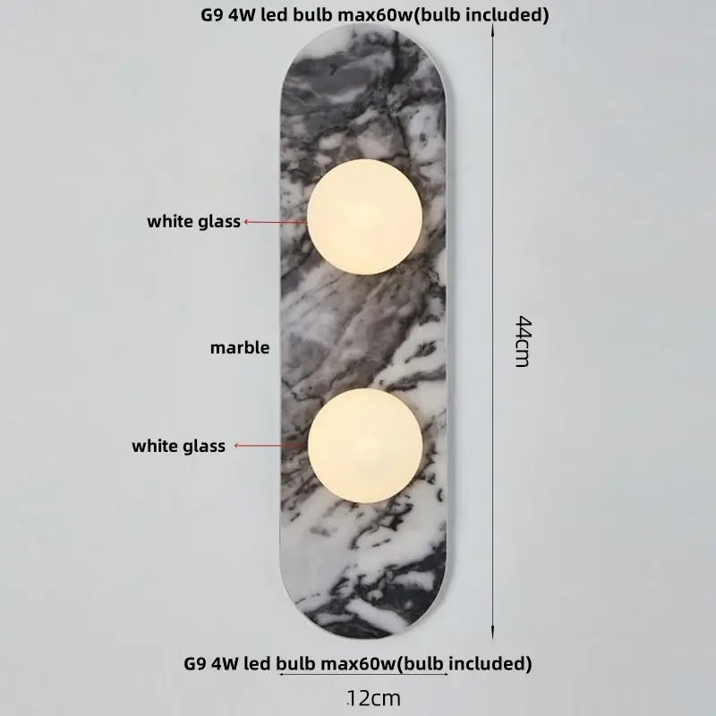 French luxury black and white marble led wall light with sleek body and two circular white glass shades for bedroom decorbites led wall