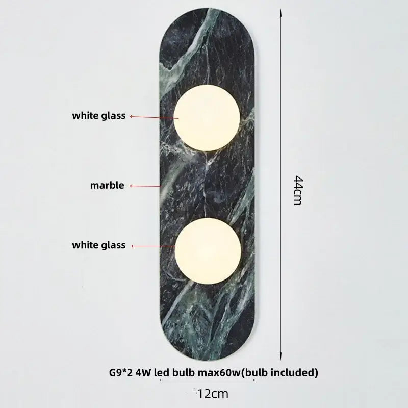 French luxury black and white marble led wall light featuring dark green slab and two white glass bulbs for bedroom decorbites led wall