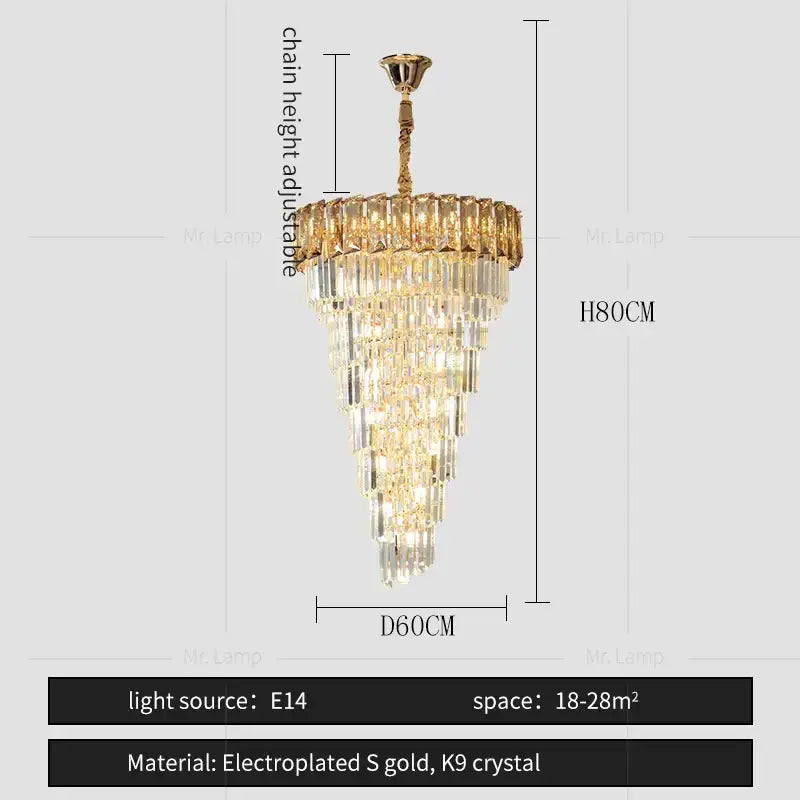 Gold electroplated french luxury amber crystal chandelier with cascading tiers of clear and amber k9 crystals for living room