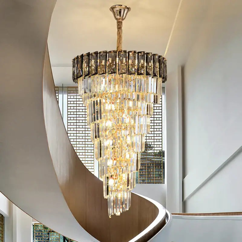 French luxury amber crystal chandelier with gold-toned frame and clear faceted crystals for living room lighting
