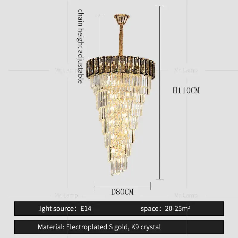 A tiered amber crystal chandelier with cascading k9 crystal prisms and electroplated s gold frame for living room