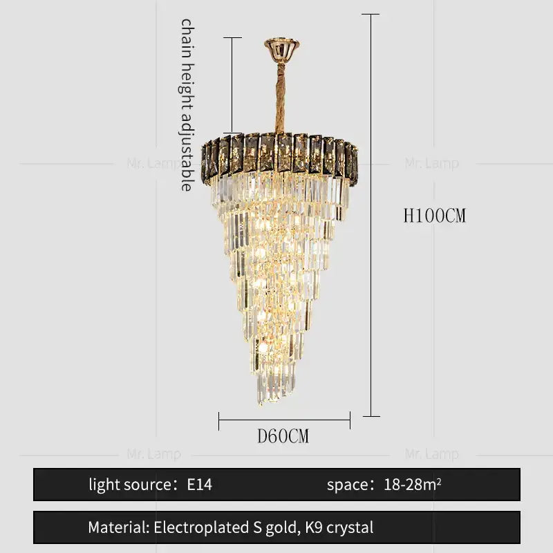 A tiered amber crystal chandelier with cascading k9 prisms and electroplated gold frame for living room use