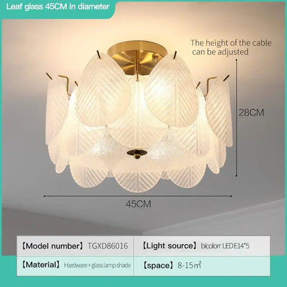French luxury cream living room light fixture with 45cm diameter frosted leaf glass shades and gold-toned hardware