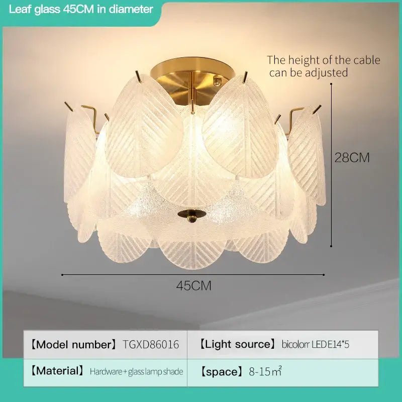 French luxury cream living room light fixture with 45cm diameter frosted leaf glass shades and gold-toned hardware