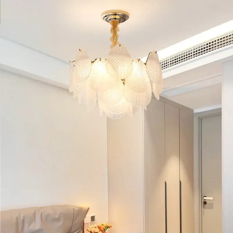 Delicate french luxury cream leaf glass chandelier with translucent panels and gold frame for living room decorbites french luxury