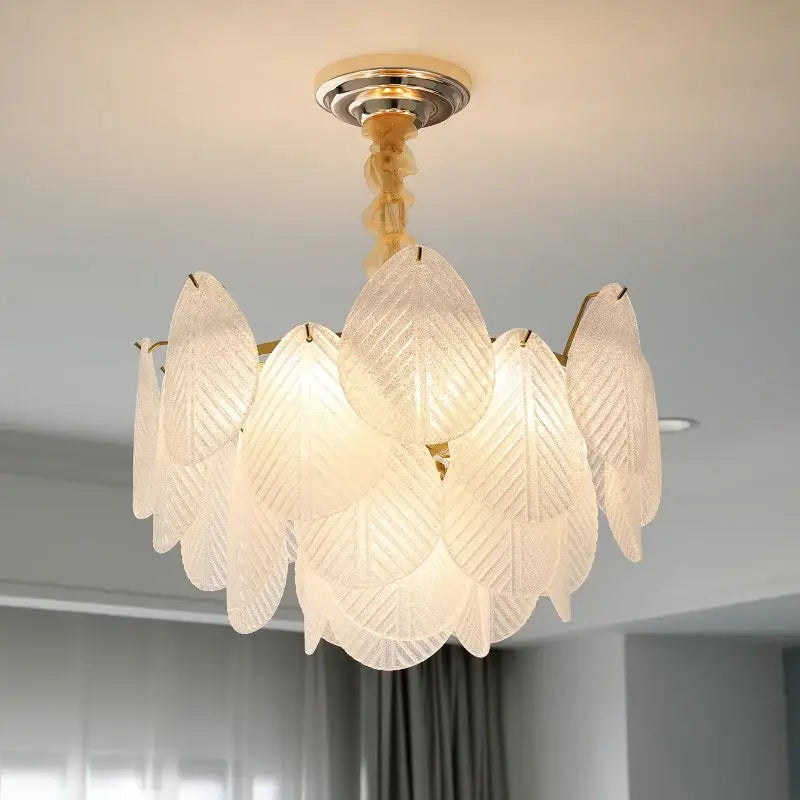A delicate french luxury cream leaf glass chandelier with translucent shades and gold frame for living room decorbites decor
