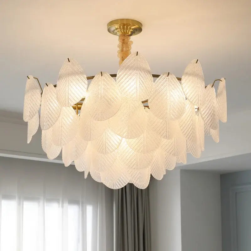 French luxury cream leaf glass chandelier with translucent white shades and gold frame for living room decorbites french luxury