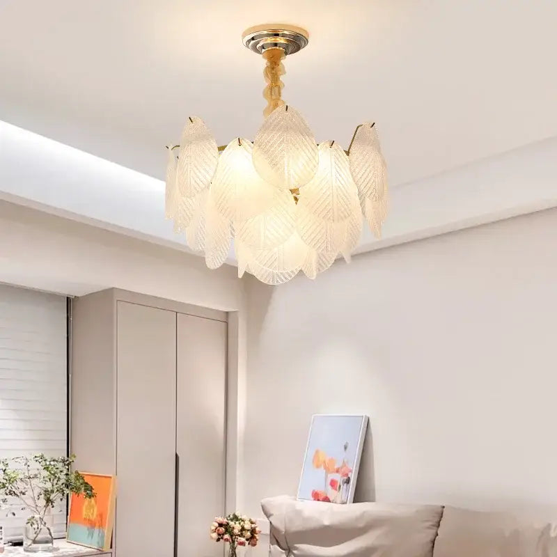Elegant french luxury cream leaf glass chandelier with white glass leaves and gold-toned fixture for living room decorbites french luxury