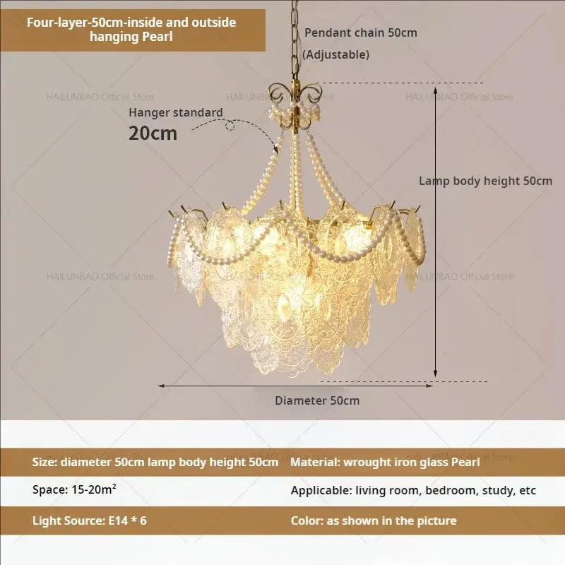 Elegant four-layer decorbites cream crystal chandelier with wrought iron frame and cascading glass pearls for living room light