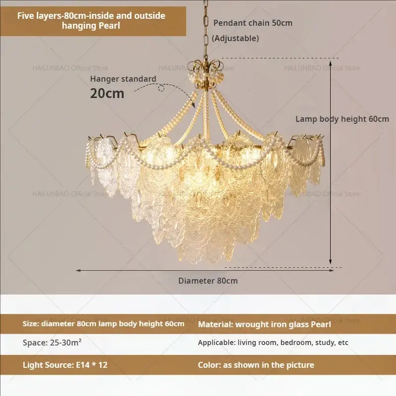 Elegant decorbites cream crystal chandelier with gold-toned wrought iron frame and cascading pearls for living room decor