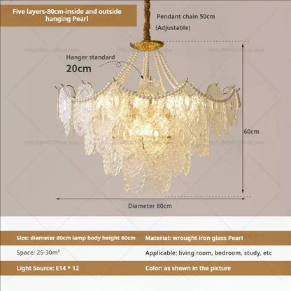 Elegant decorbites cream crystal chandelier with five pearl layers and gold-toned frame for luxury living room decor