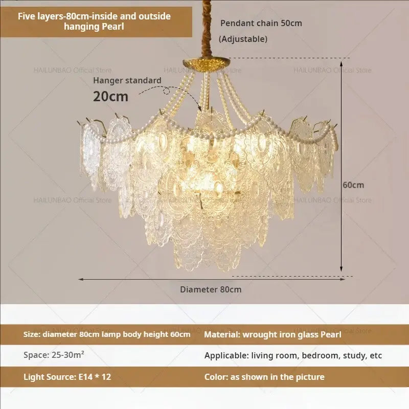 Elegant decorbites cream crystal chandelier with five pearl layers and gold-toned frame for luxury living room decor