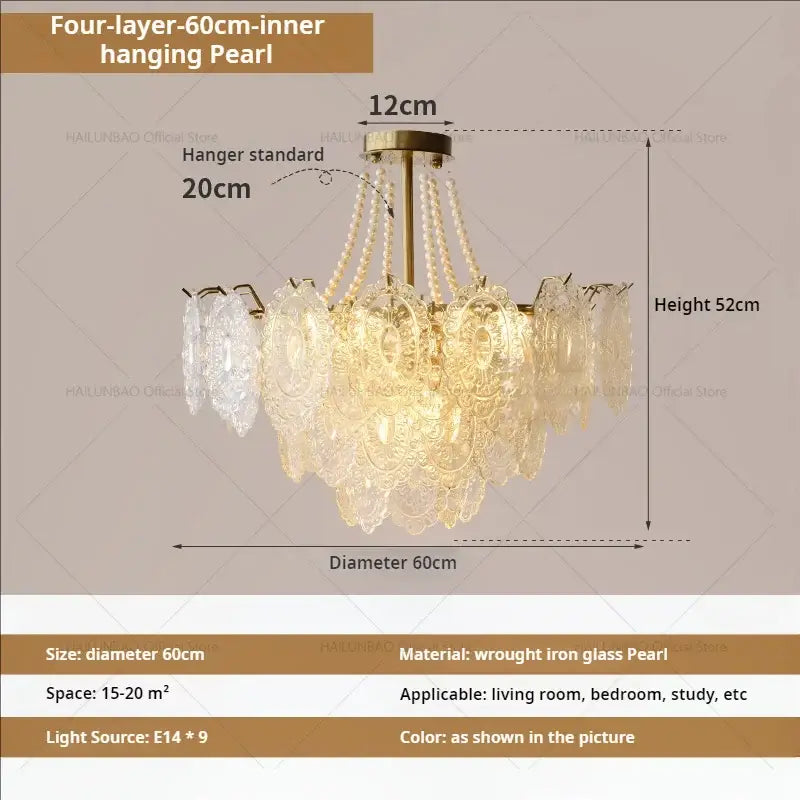 A four-layer decorbites cream crystal chandelier with brass finish featuring cascading glass pearls for living room lighting