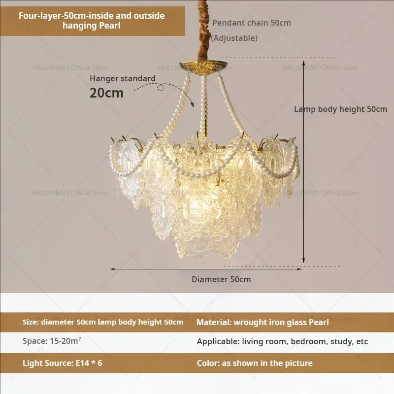 Elegant four-layer decorbites cream crystal chandelier with cascading glass pearl shades and gold-toned wrought iron frame