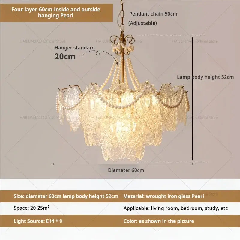 Elegant four-layer decorbites cream crystal chandelier with cascading glass pearl tiers and wrought iron frame for living rooms
