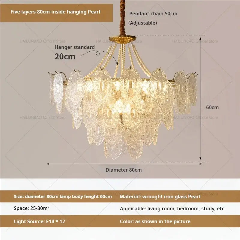 Elegant decorbites cream crystal chandelier with five cascading layers of glass pearls on bronze wrought iron frame