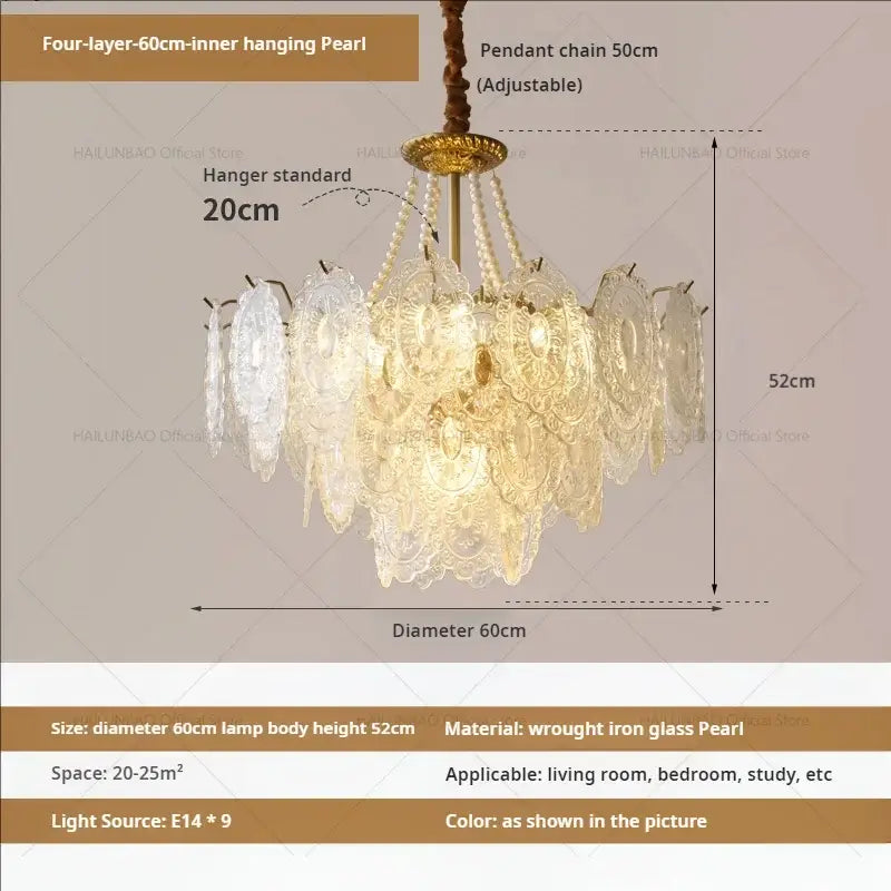 A four-layer decorbites cream crystal chandelier with intricate glass pearl shades and brass wrought iron frame for living room