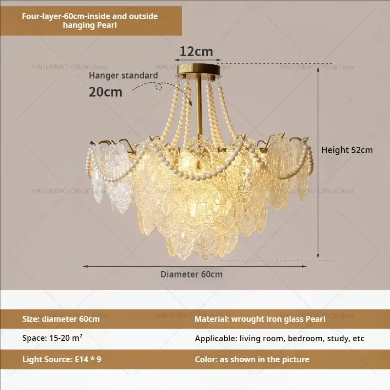 Elegant four-layer decorbites cream crystal chandelier with glass pearl cascades and brass wrought iron frame for living room