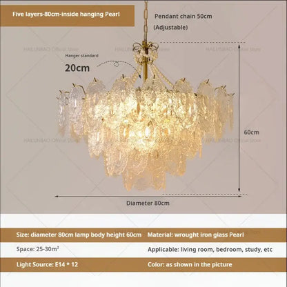 Elegant decorbites cream crystal chandelier with five cascading layers of glass pearls on brass wrought iron frame