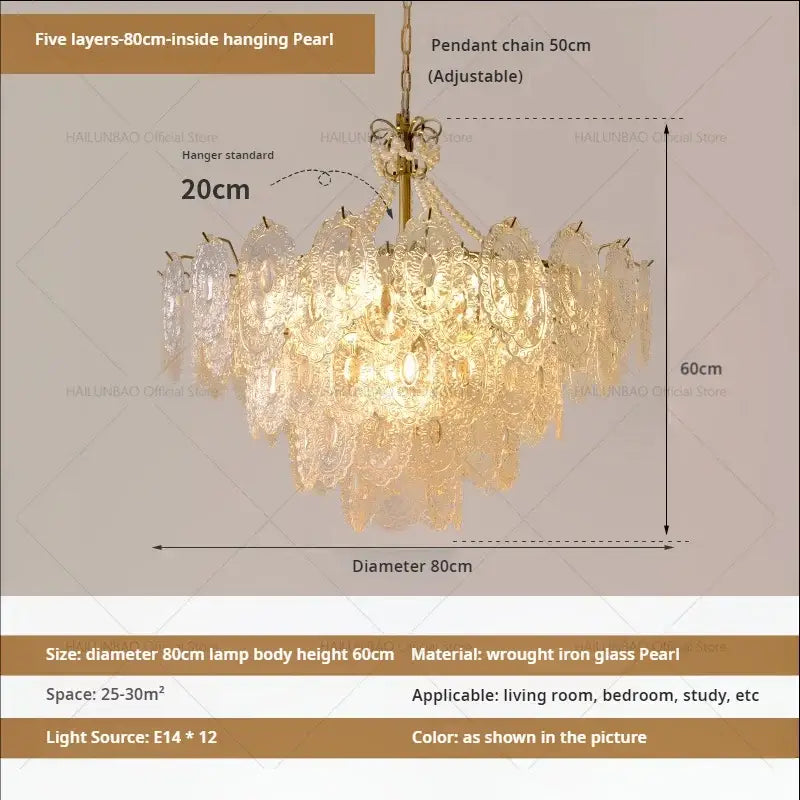 Elegant decorbites cream crystal chandelier with five cascading layers of glass pearls on brass wrought iron frame