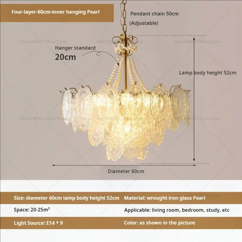Elegant four-layer decorbites cream crystal chandelier with cascading glass pearls and brass-finished wrought iron frame