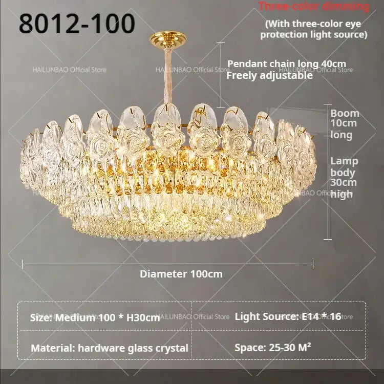French luxury gold crystal rose chandelier with clear crystal droplets and three-color dimming light by decorbites crystal rose
