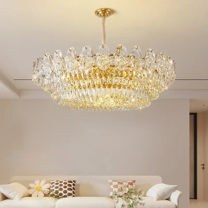 French luxury gold crystal rose chandelier with clear crystal rose elements and cascading teardrop crystals by decorbites crystal rose