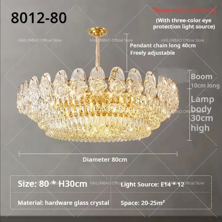 French luxury gold crystal rose chandelier with intricate rose-shaped glass and dangling teardrop crystals decorbites crystal rose