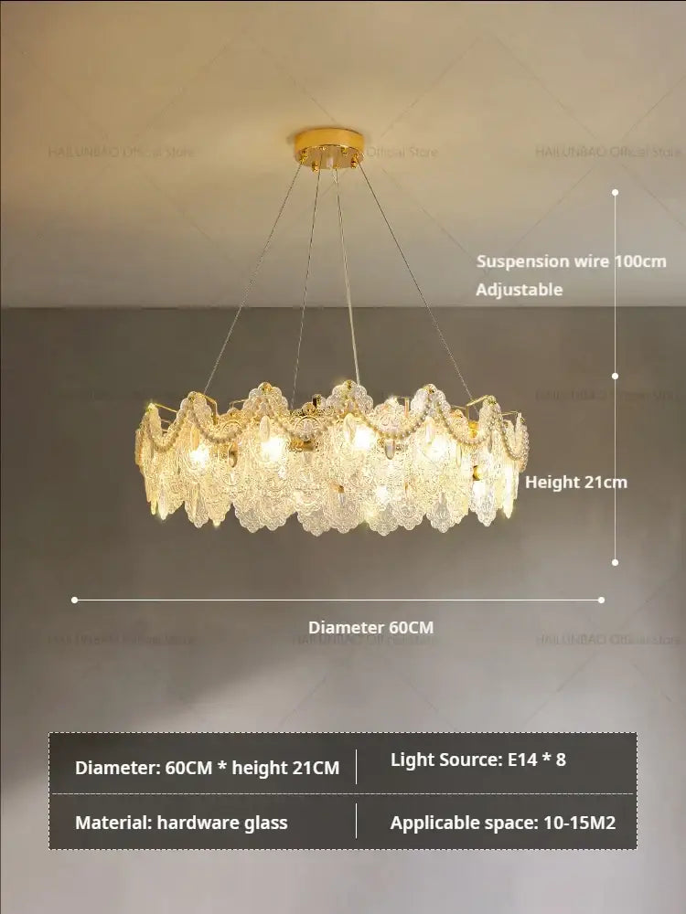 Elegant gold-toned decorbites glass chandelier with intricate hardware glass petals and eight e14 bulbs for dining room use