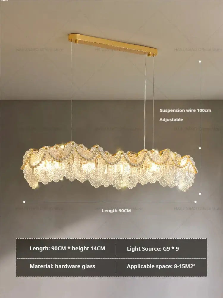 Gold-toned rectangular decorbites glass chandelier with cascading clear cut crystal hardware for dining room luxury decor