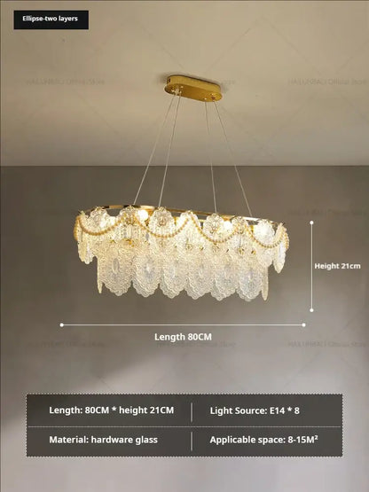 Gold-toned decorbites glass chandelier with two layers of lace crystal hardware for elegant dining room decor