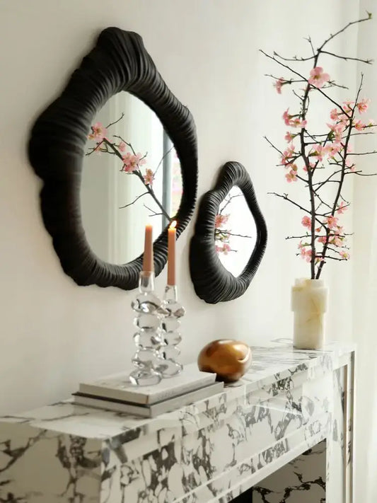 Black french luxury mirror with textured ruched oval frame for bathroom decorbites french luxury collection