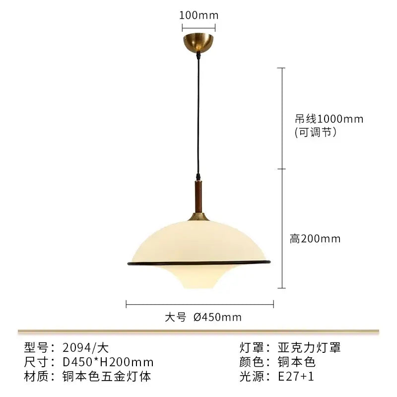 Brass-toned dome-shaped french medieval saucer pendant light with frosted acrylic shade and adjustable black cord for dining room