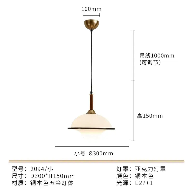 A brass-toned french medieval saucer pendant light with frosted acrylic shade and adjustable black cord ceiling mount