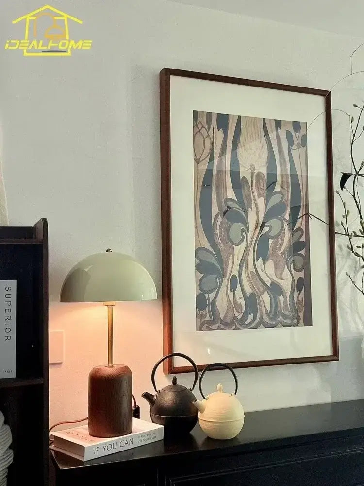 A sleek matte sage green dome table lamp with a warm wooden base decorbites french medieval solid wood cream lamp
