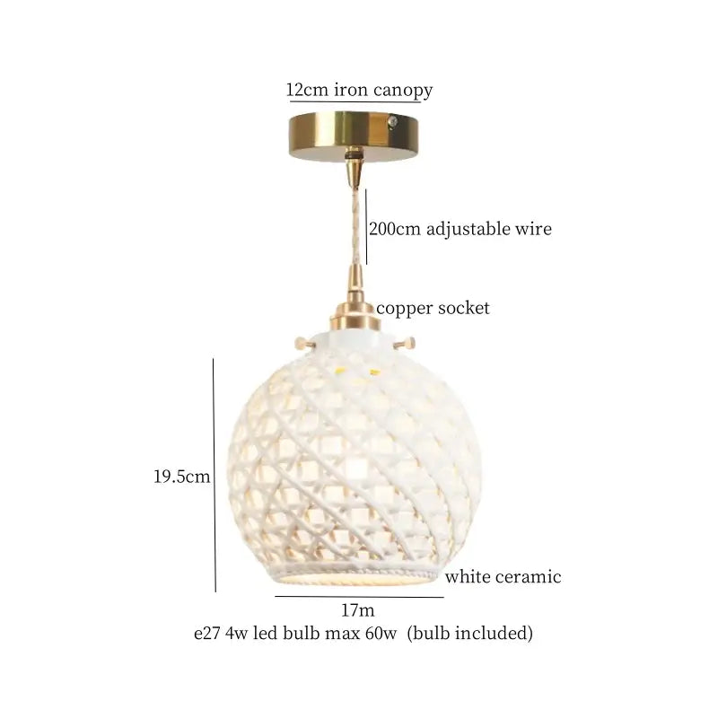 White ceramic pendant light with geometric lattice design and brass-toned accents decorbites french minimalism ceramic