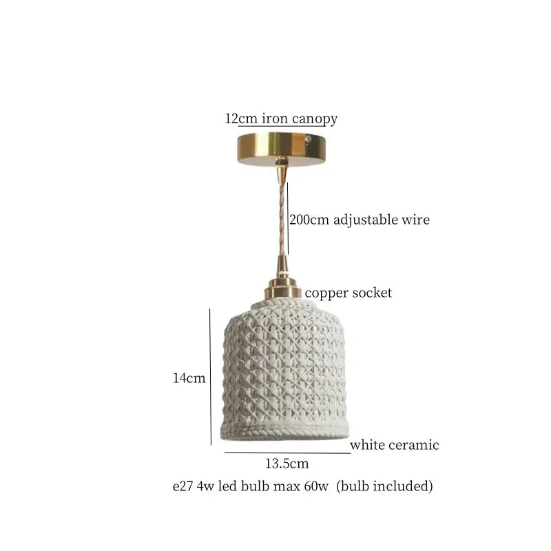 White ceramic pendant light with textured woven pattern and brass accents for decorbites french minimalism ceramic dining room