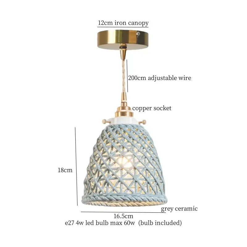 A delicate grey ceramic pendant light with woven lattice design and brass accents for decorbites french minimalism decor