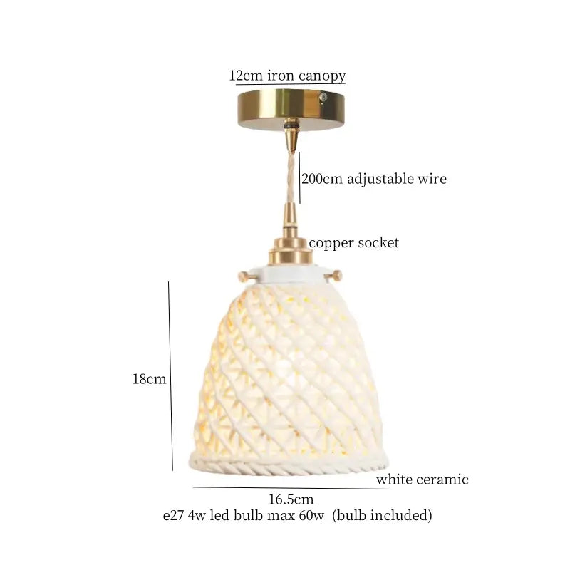 White ceramic pendant light with woven texture and brass accents for decorbites french minimalism ceramic dining room decor
