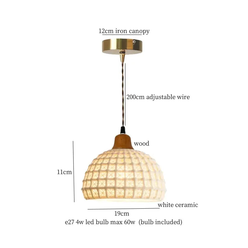 White ceramic pendant light with woven grid pattern and wooden accent for decorbites french minimalism ceramic dining room