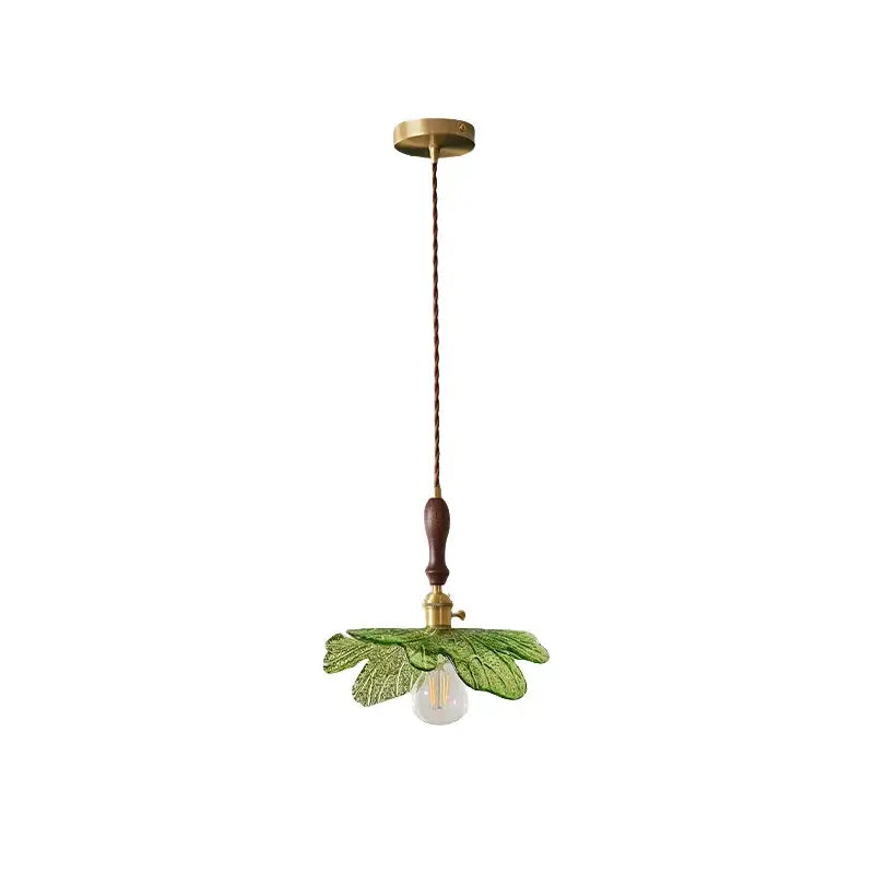 Green leaf-shaped glass pendant lamp with brass and wood accents for dining room decorbites copper wood glass lighting