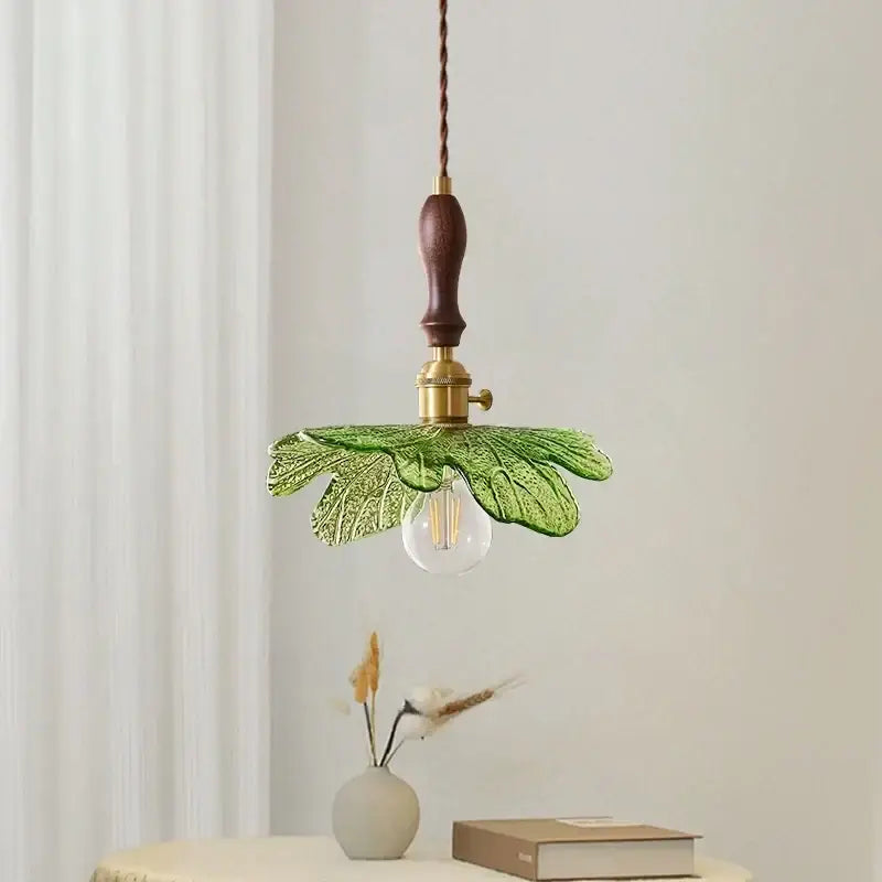 Green leaf-shaped pendant lamp with copper wood glass and brass accents for dining room decorbites copper wood style