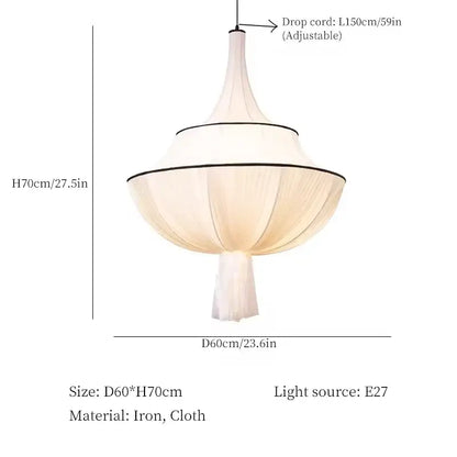 Delicate off-white fabric pendant lamp with black trim and iron frame decorbites french minimalist silk design for living room