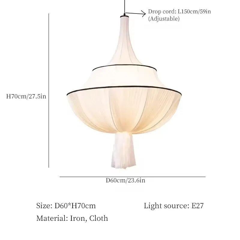 Delicate off-white fabric pendant lamp with black trim and iron frame decorbites french minimalist silk design for living room
