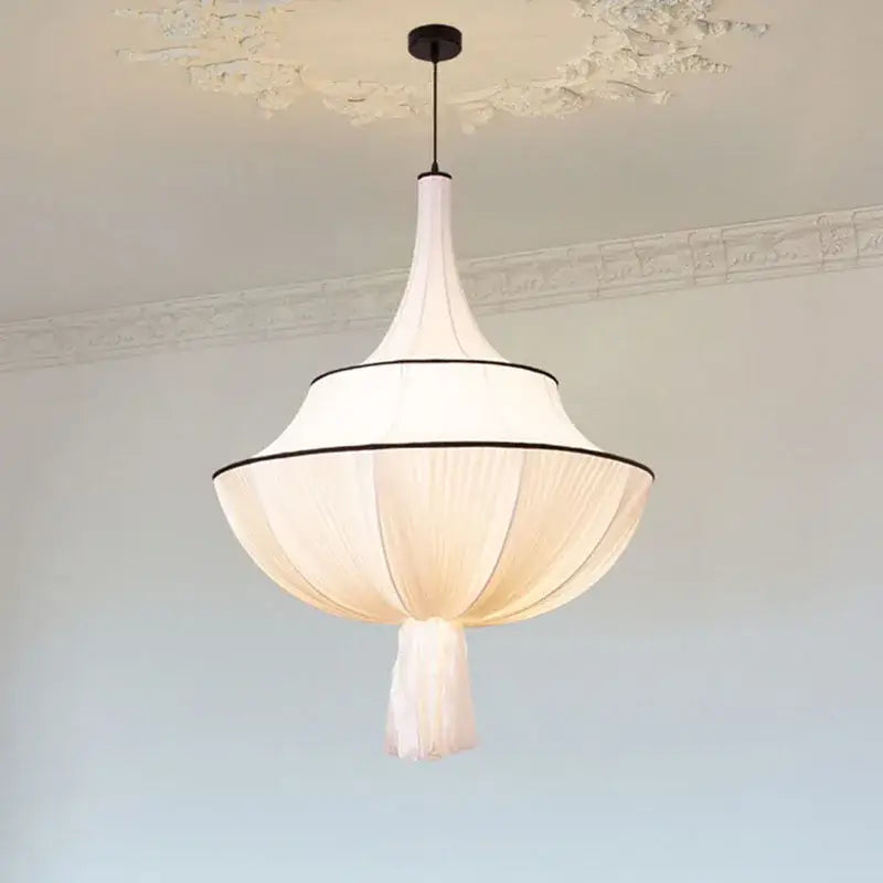 Elegant white tiered fabric pendant lamp with black trim and tassel decorbites french minimalist silk for living room decor