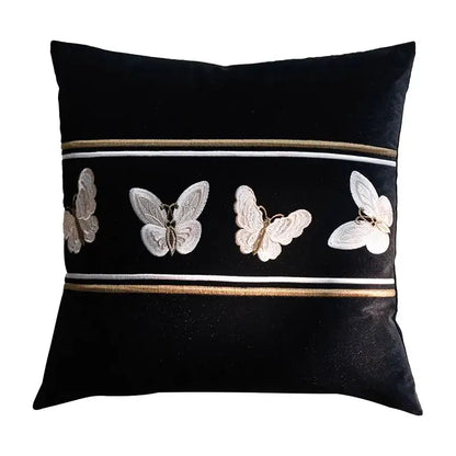 Black velvet french night velvet throw pillow with embroidered white butterflies and metallic thread accents for bedroom decor